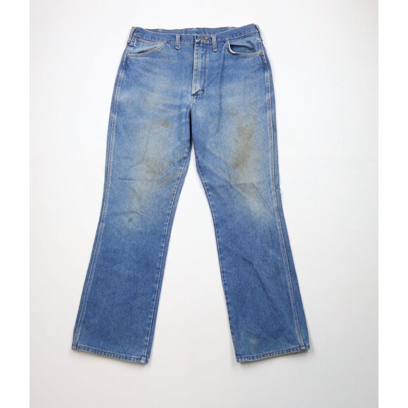 Vintage 90s Wrangler Mens 36x32 Distressed Wide Leg Denim Jeans Blue Cotton USA